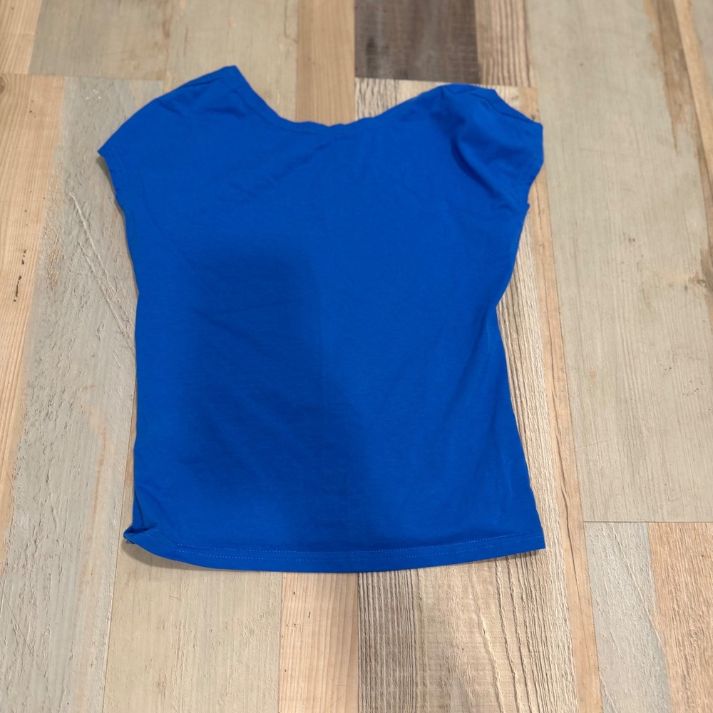 Open Back Cap Sleeve Top Small Blue Draped Cutout Scoop Neck Casual Tee